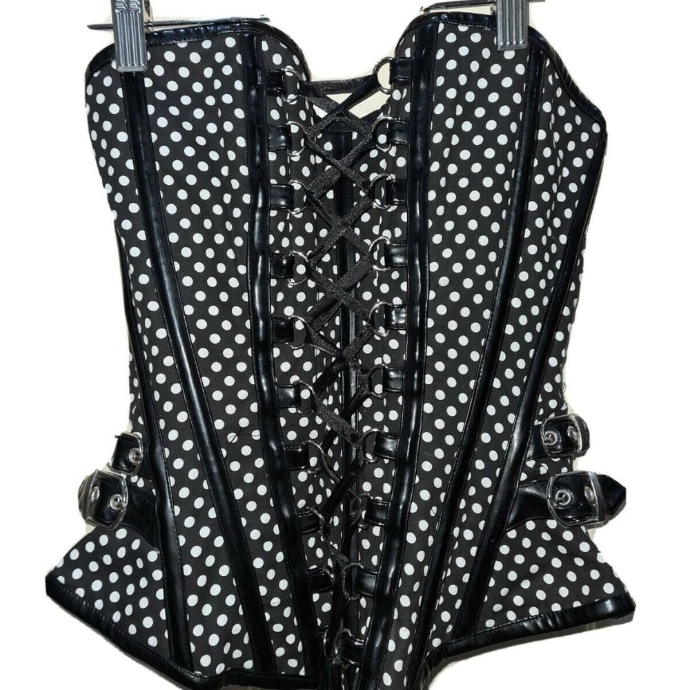 Burlesk Black Polka Dot Corset Buckle Steel Goth Rockabilly Lace Overbust Size M - Picture 1 of 6